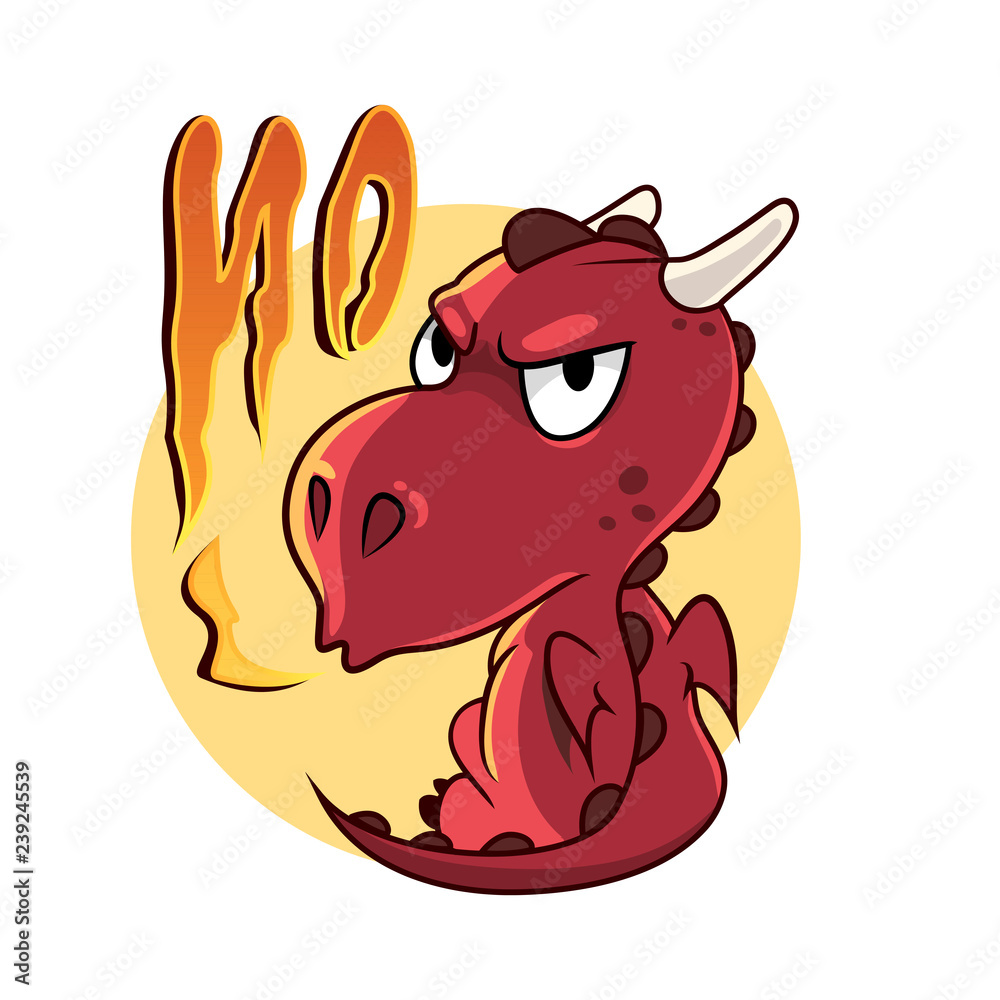 Funny red dragon in cartoon style. Gloomy dinosaur says No using fire.  Concept of prohibition and discontent Stock Vector | Adobe Stock