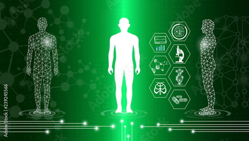 abstract background technology concept in green light,human body heal,technology modern medical science in future and global international medical with tests analysis clone DNA human