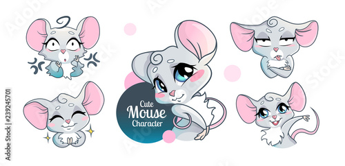 Set of isolated cute mouse in different poses in cartoon style. Funny chatacter stickers.