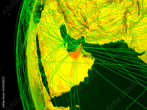 United Arab Emirates from space on digital model of Earth with international networks. Concept of digital communication or travel.