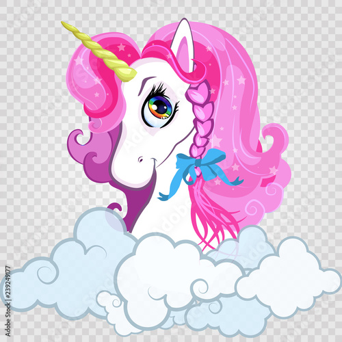 Cartoon white pony unicorn head with pink hair portrait in curly clouds clip art