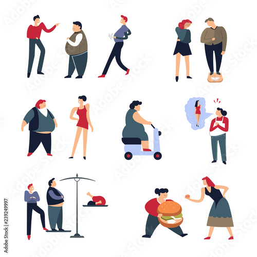 Overweight problem and fat men and women humiliation isolated icons