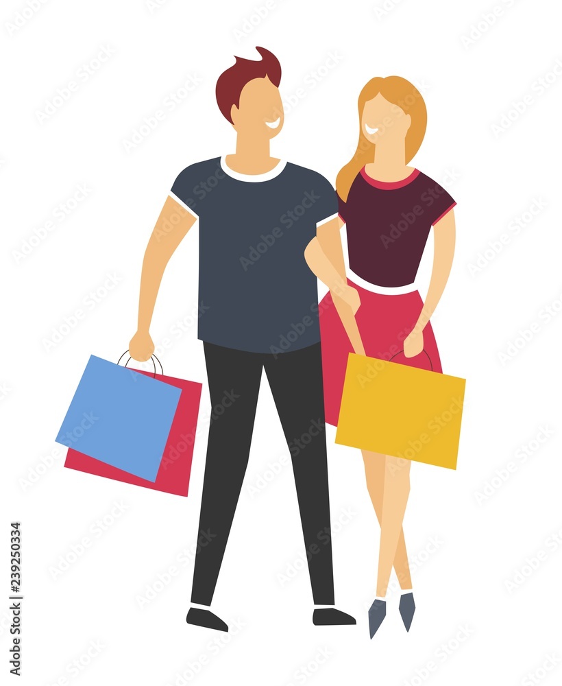 Shopping man and woman or couple with bags or packs isolated icon Shopping man and woman or couple with bags or packs isolated icon