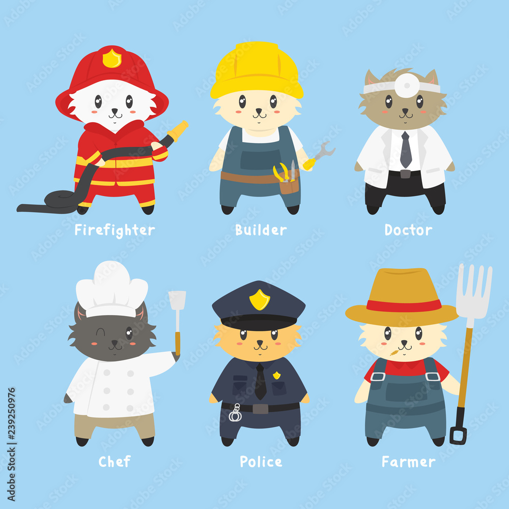 cute cat workers vector set. cute cats in different professions cute cat workers vector set. cute cats in different professions