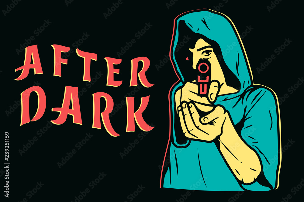 After Dark street art, aiming with pistol in front view isolated vector illustration After Dark street art, aiming with pistol in front view isolated vector illustration