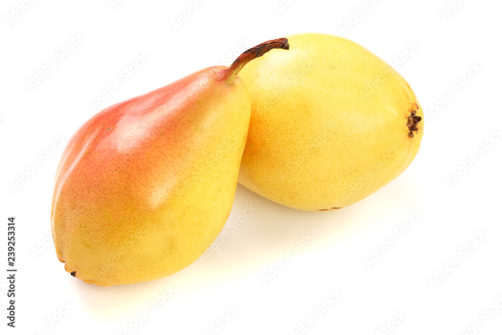 two ripe red yellow pear fruits isolated on white background. two ripe red yellow pear fruits isolated on white background.