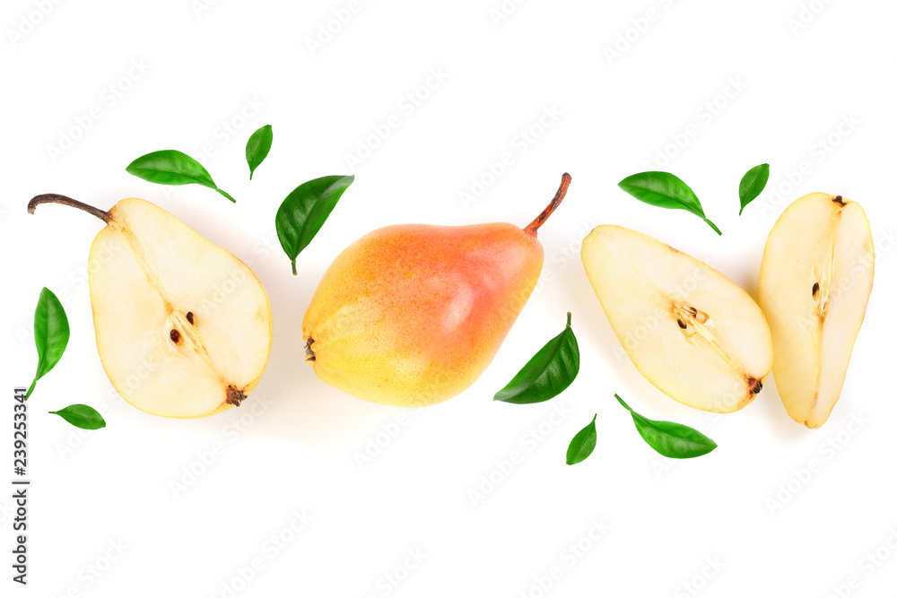 ripe red yellow pear fruits with leaves isolated on white background with copy space for your text. Top view. Flat lay pattern ripe red yellow pear fruits with leaves isolated on white background with copy space for your text. Top view. Flat lay pattern