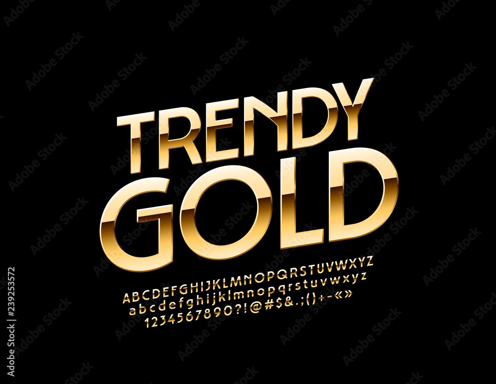 Vector trendy Golden Font. Rotated chic  Alphabet Letters, Numbers and Symbols. 