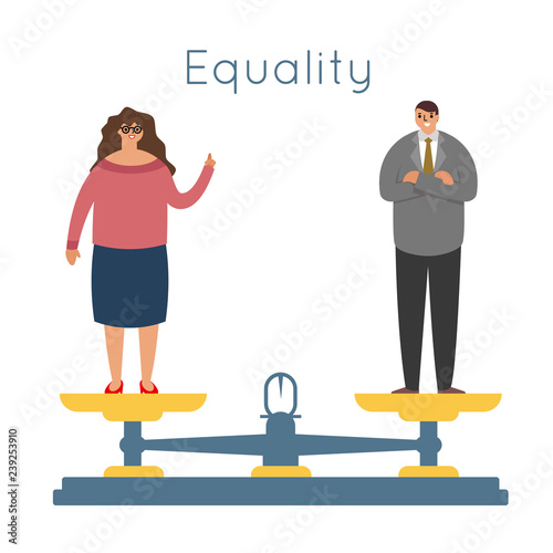 equality men women equal rights male female characters balance scales weigher concept modern flat design vector illustration