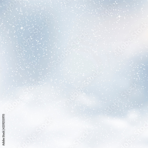 Blurred Christmas background with snowflakes and blue sky. Vector