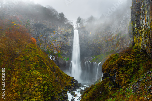 beautiful landscape with waterfall Kegon, Nikko, Japan, autumn mystical background