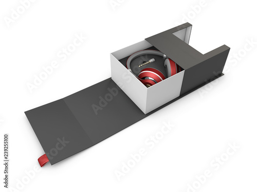 3d Illustaration of Black and silver headphones in white and black box on black background. Mockup