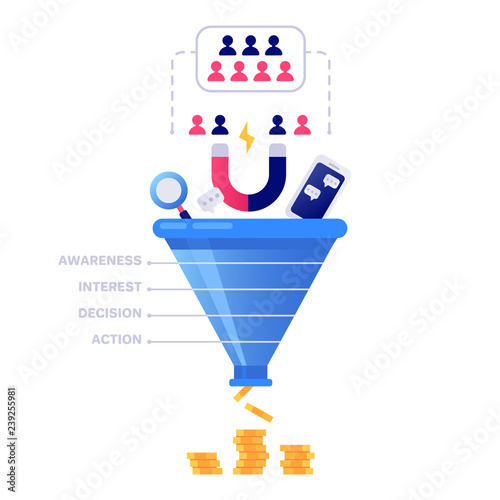 Funnel sales concept. Marketing infographic, sale conversion and lead sales pipeline isolated vector illustration