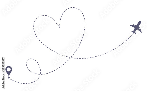 Love airplane route. Romantic travel, heart dashed line trace and plane routes isolated vector illustration