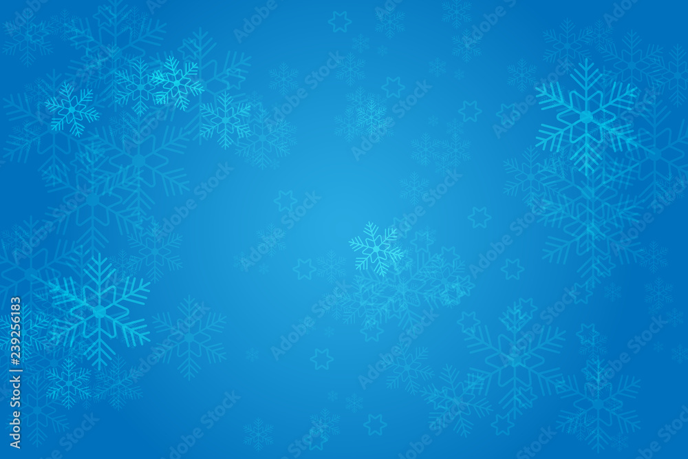Christmas blue background with glowing snowflakes and bokeh. vertor illustration