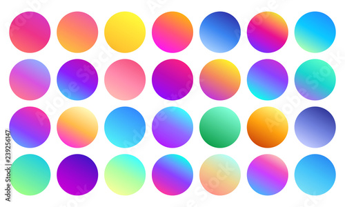 Vivid gradient spheres. Minimalist multicolor circles, abstract 80s vibrant colors and modern gradients sphere isolated vector set