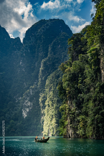 Panoramic view to landscape with mountains and Cheow lan lake natural attractions in Khao Sok National Park, Surat Thani Province, Thailand.