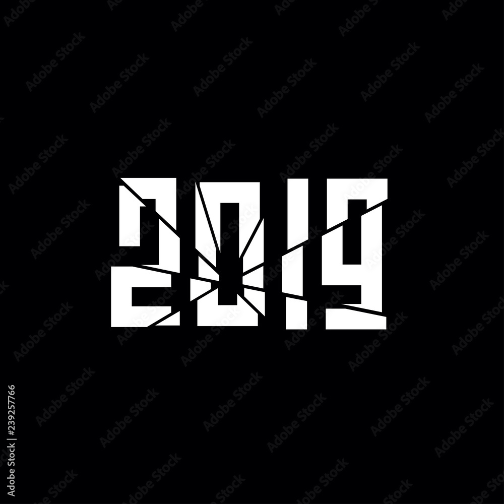 Happy New Year 2019 With Broken Effect, Isolated on Black Background Happy New Year 2019 With Broken Effect, Isolated on Black Background