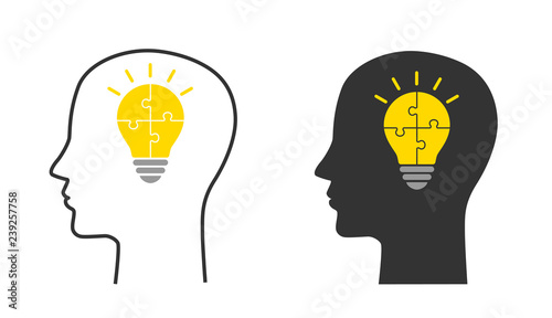 Human Face and Puzzle Light Bulb