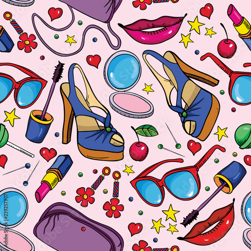 Cute fashion girlish seamless pattern. Repeated backdrop for girls, fancy textile, clothes, wrapping paper. Background with cartoon comics objects.