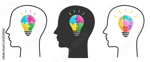 Human Face and Puzzle Light Bulb