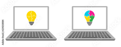 PC & icon of Puzzles and light bulb
