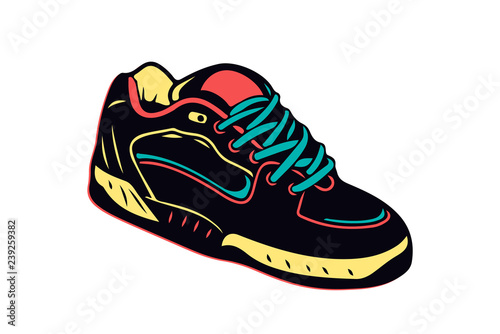 Creative isolated illustration of sneakers running, walking, shoes, style backgrounds. Vector concept element icon in cartoon style on isolated white background