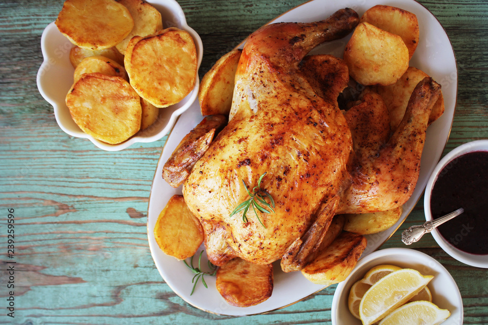 Whole roasted chicken with potatoes and lemon. Top view Whole roasted chicken with potatoes and lemon. Top view