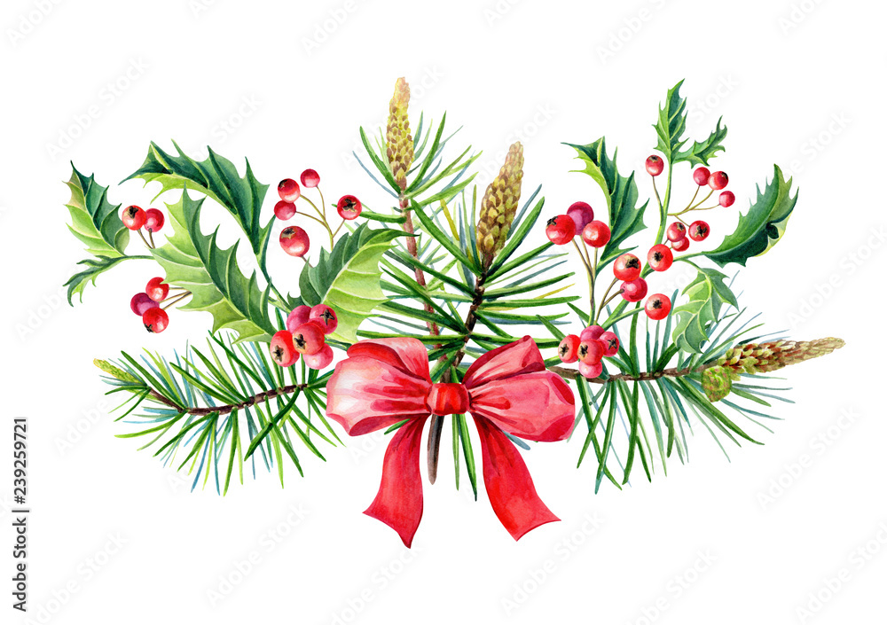 Watercolor Christmas bouquet with bow,Holly,leaves,berries,pine,spruce, greeting card,design.
