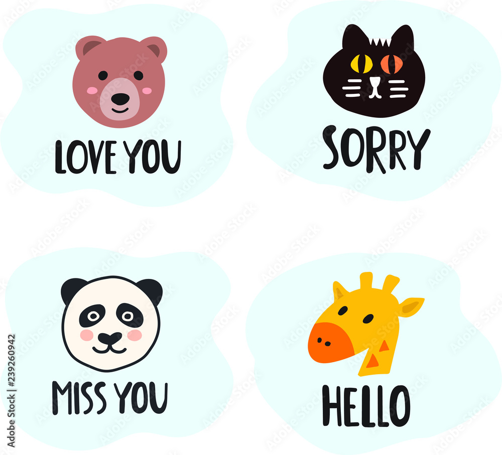 Set of cute animal heads with funny phrase. Vector hand drawn illustration for greeting card, invitations, kids wear, t shirt, social network stickers, posters design. Set of cute animal heads with funny phrase. Vector hand drawn illustration for greeting card, invitations, kids wear, t shirt, social network stickers, posters design.