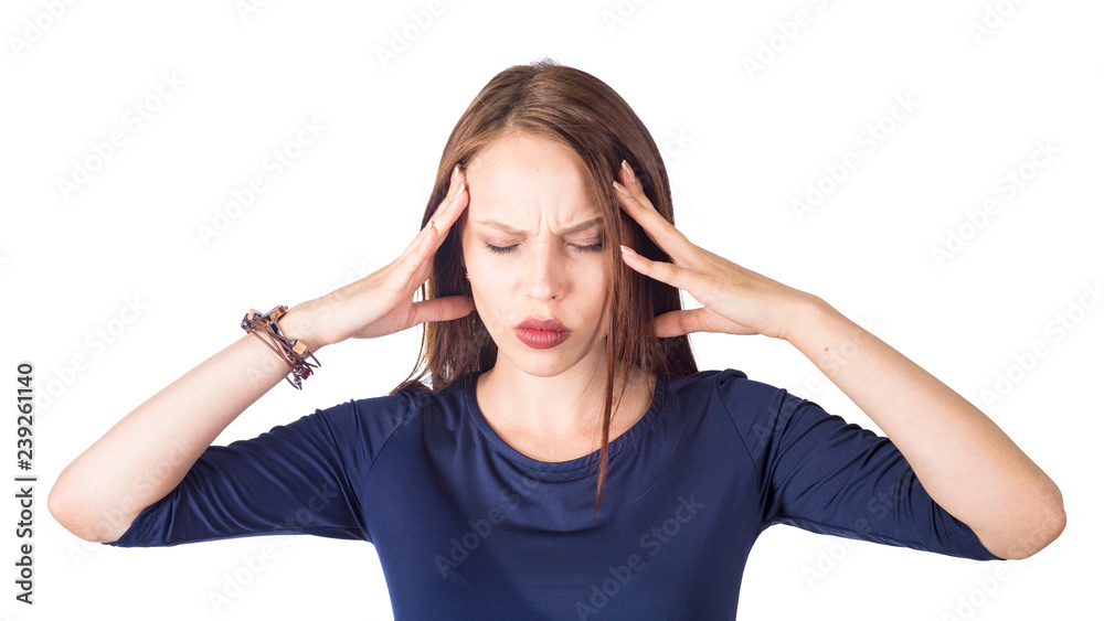 A woman with a headache holding head, isolated on white background. A woman with a headache holding head, isolated on white background.