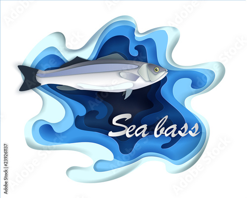 Commercial fish sebas, seafood in a fashionable paper style volumetric layers photo