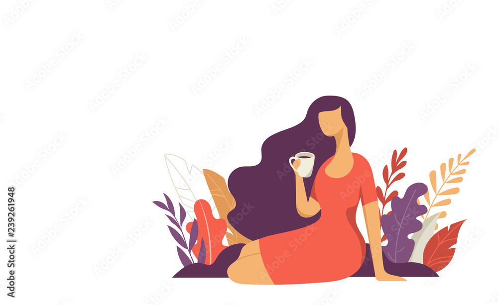 Feminine concept illustration, beautiful woman with a cup. Character decorated with flowers and leaves.