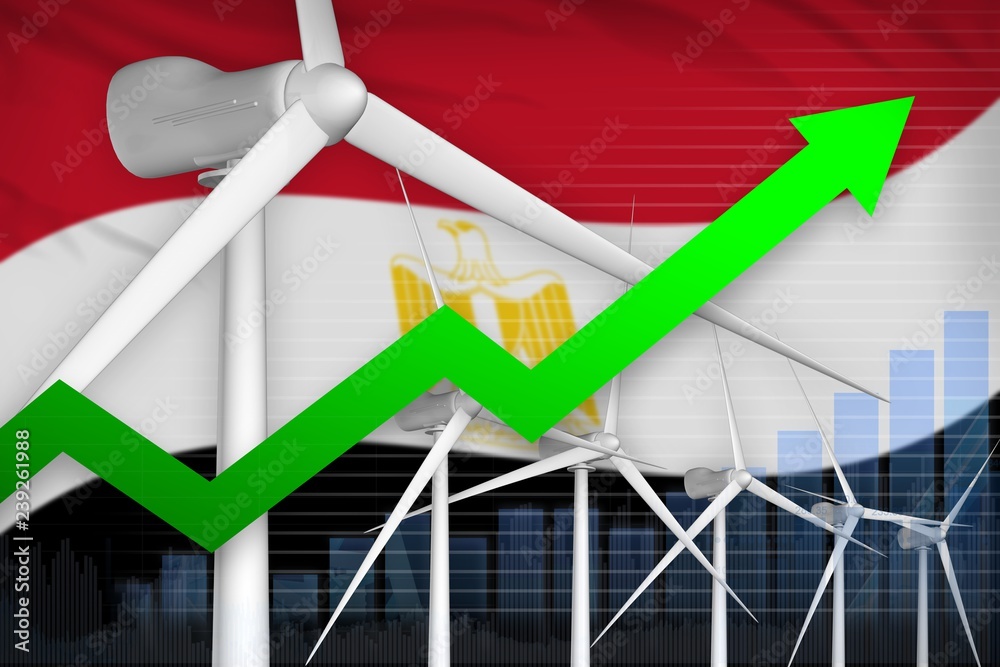 Fototapeta premium Egypt wind energy power rising chart, arrow up - modern natural energy industrial illustration. 3D Illustration