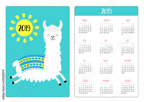 Cute alpaca llama running. Yellow sun. Simple pocket calendar layout 2019 new year. Week starts Sunday. Vertical orientation. Cartoon kawaii funny baby character. Flat design. Blue background.