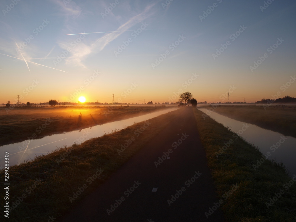Fototapeta premium Sunrise with morning fog over the meadows of the polder at Goudarak close to Gouda in the Netherlands