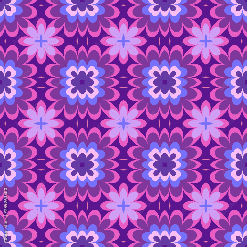 Seamless square pattern from pink and purple geometrical abstract ornaments on a dark violet background. Vector illustration can be used for textiles, wallpaper and wrapping paper