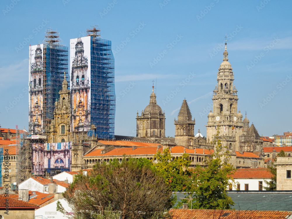 View of the Cathedral of Santiago de Compostela from the Alameda Park during the restorations in 2014 - Santiago de Compostela, Galicia, Spain
