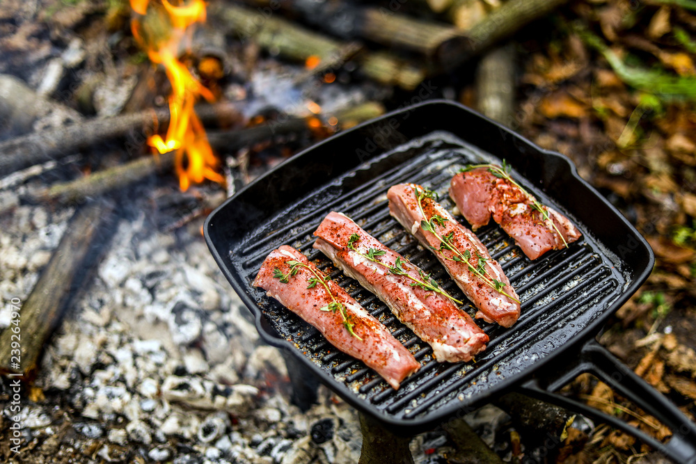Cooking meat on a campfire Cooking meat on a campfire