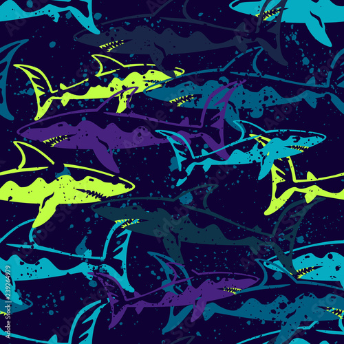 Abstract seamless vector underwater pattern for girls, boys, clothes. Creative background with sharks. Funny wallpaper for textile and fabric. Fashion style. Colorful bright