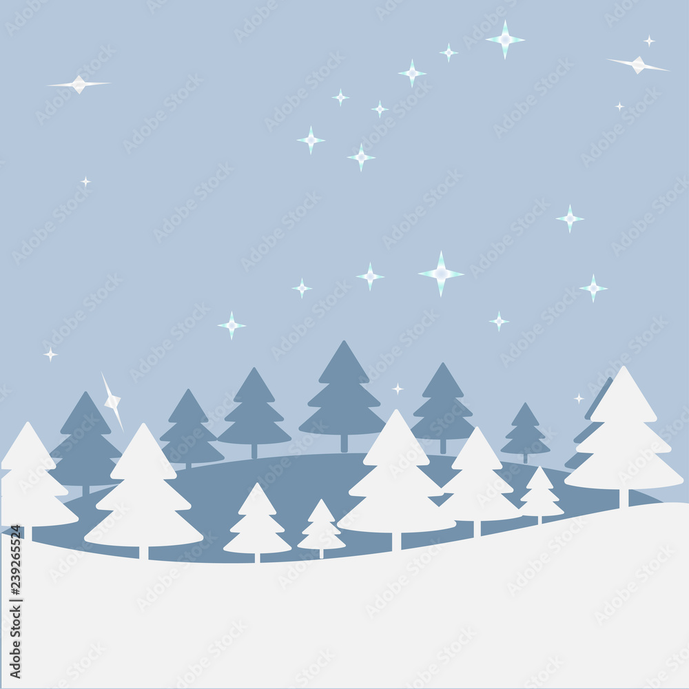Christmas landscape at night. Postal map with a hill, trees, star sky. Greeting or postal map. Art of vectorial illustration, hills of winter. Constellation of little and large bear. Happy New Year