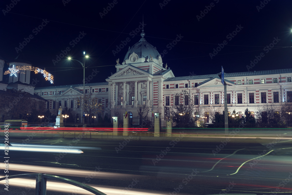 Fototapeta premium 13 DEC 2018, Romania, Bucharest. Coltea Hospital in the center of Bucharest Romania. Christmas time. Long exposure image