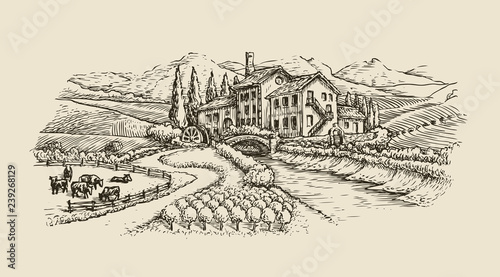 Farm landscape, village sketch. Agriculture, hand drawn vintage vector illustration