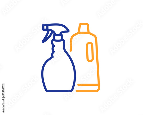 Cleaning spray and Shampoo line icon. Washing liquid or Cleanser symbol. Housekeeping equipment sign. Colorful outline concept. Blue and orange thin line color icon. Shampoo and Spray Vector