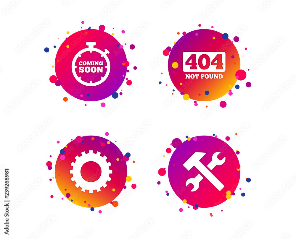 Coming soon icon. Repair service tool and gear symbols. Hammer with wrench signs. 404 Not found. Gradient circle buttons with icons. Random dots design. Vector Coming soon icon. Repair service tool and gear symbols. Hammer with wrench signs. 404 Not found. Gradient circle buttons with icons. Random dots design. Vector
