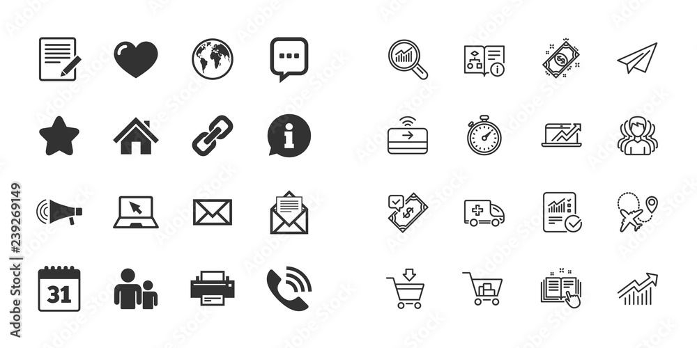 Set of Communication, Conference and Information icons. E-Mail, Printer and Internet signs. Speech bubble, Support and Phone call symbols. Paper plane, report and shopping cart icons. Group of people