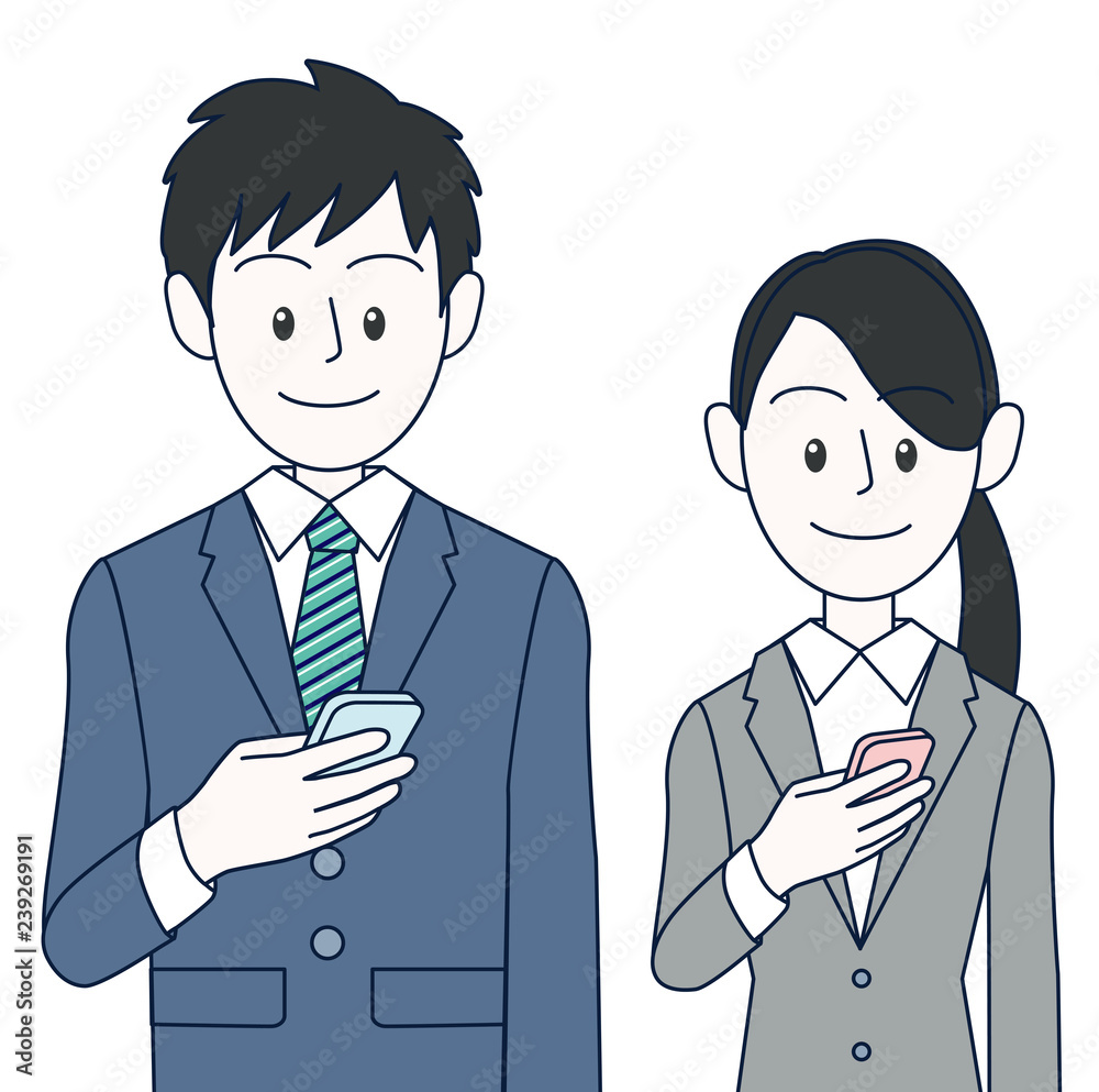 Fototapeta premium スマホを見る若い男性と女性ビジネスマン上半身