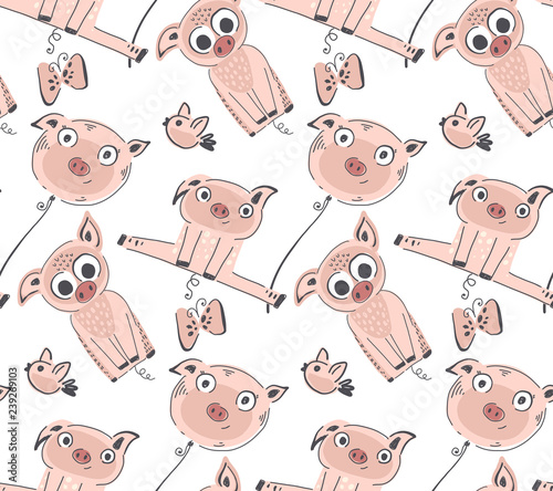 Vector seamless pattern with cute piglets, endless background
