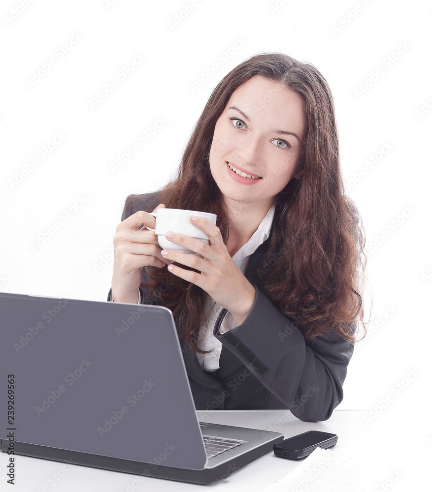 modern business woman with Cup of coffee in the workplace. modern business woman with Cup of coffee in the workplace.