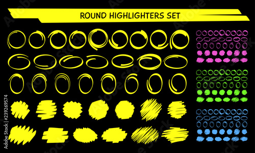 Yellow highlight marker circle frame set vector illustration. Group of hand drawn round frames and marker scribbles. Neon colors highlight blob brush marks for social media or office style design